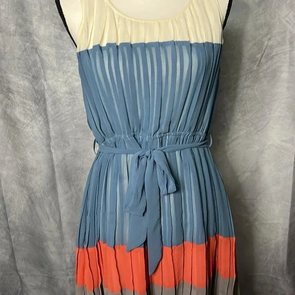 Blu Pepper Pleated Cream, Blue, Coral and Gray Dress - size Small - Picture 6 of 12